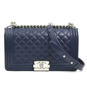CHANEL Boy Chanel Shoulder Bag, Leather, Navy and Silver, Women's, r10964j